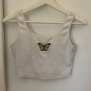 White Butterfly Ribbed Cropped Tank Top